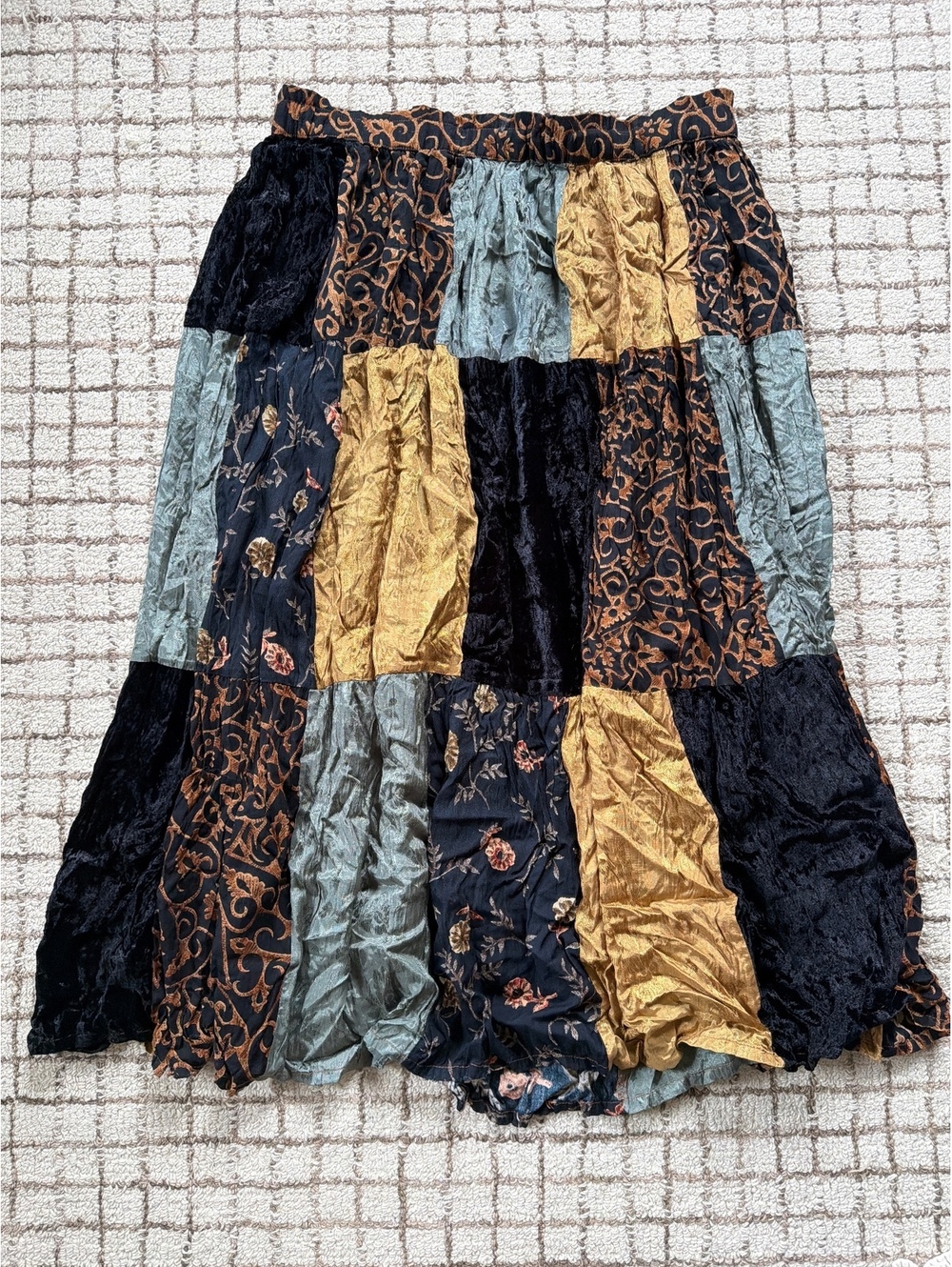 Vintage women’s black velvet floral Boho hippie, dark romance fairy maxi skirt